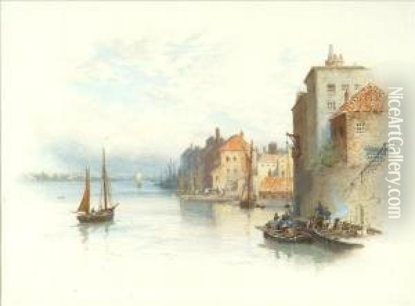 A Harbourside Town Oil Painting - Henry B. Wimbush