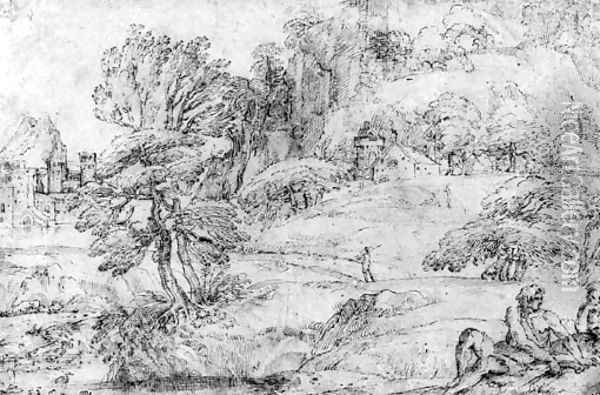 An extensive mountainous Landscape with two Figures in the Foreground and a Castle by a River Oil Painting - Agostino Carracci