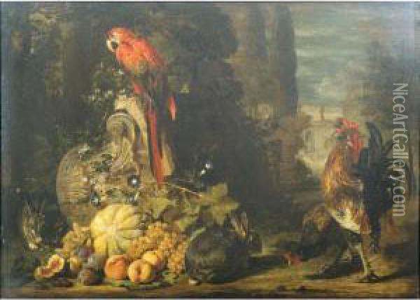 Still Life Of A Melon, Peaches, 
Grapes And Plums, Together With Rabbits, A Parrot, Cockerel And Hen, 
Gathered Around An Over-turned Corinthian Column Capital, A Parkland 
Setting Beyond Oil Painting - David de Coninck