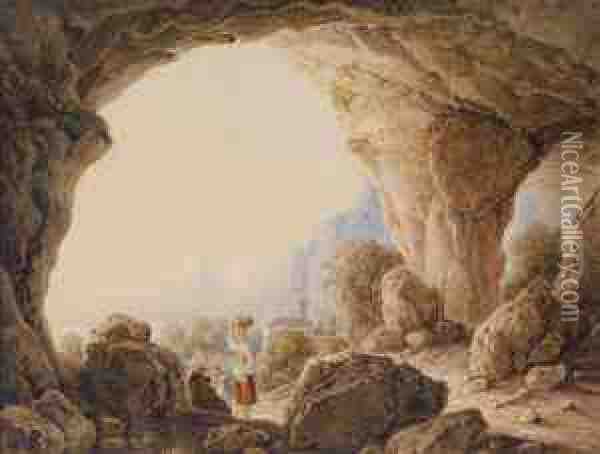 Aview From A Grotto On An Italian Coastal Landscape Oil Painting - Georg Von Gaal