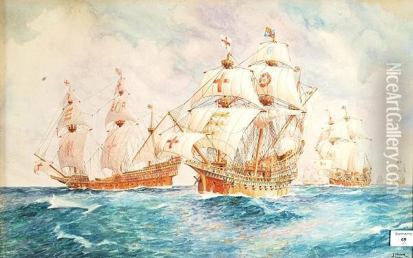 The Golden Hind In Battle Formation Oil Painting - John Flower