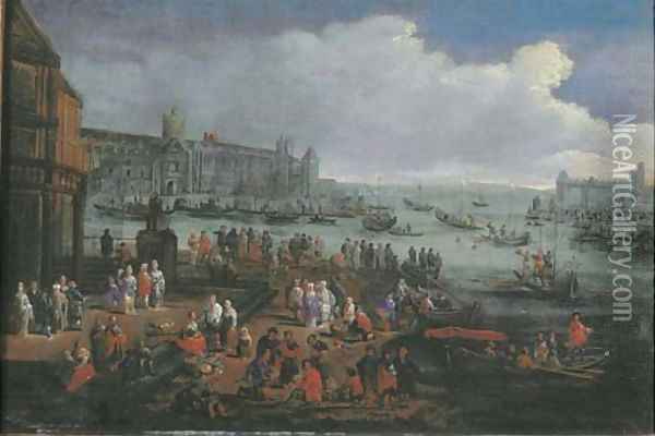 An Italianate harbour with elegant figures Oil Painting - Adriaen Frans Boudewijns