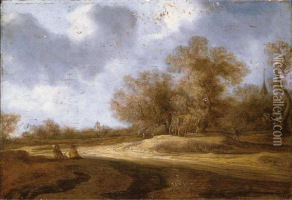 A Landscape With A Horse And Cart And Two Travellers Resting At The Edge Of A Road Oil Painting - Salomon van Ruysdael