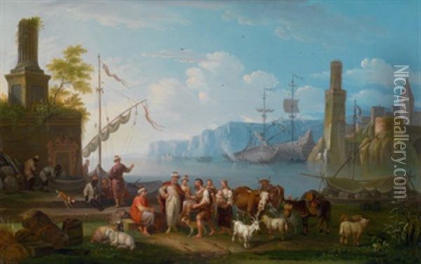 Turkische Kaufleute In Einem Mediterranen Hafen, Im Hintergrund Ankernde Schiffe Oil Painting - Johann Baptist Schaetzel