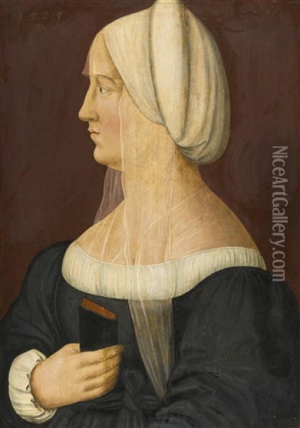 Portrait Of A Lady, Half-length, Head In Profile, Wearing Black With A White Headdress, Holding A Book Oil Painting - Matthias (von Noerdlingen) Gerung