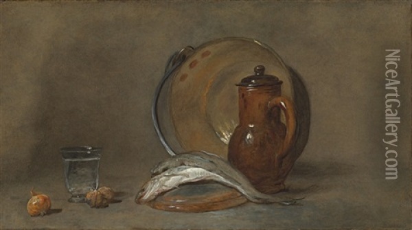 Still Life With A Copper Pot, A Pitcher, Fish, A Glass, Two Nuts And An Onion Oil Painting - Jean-Baptiste-Simeon Chardin