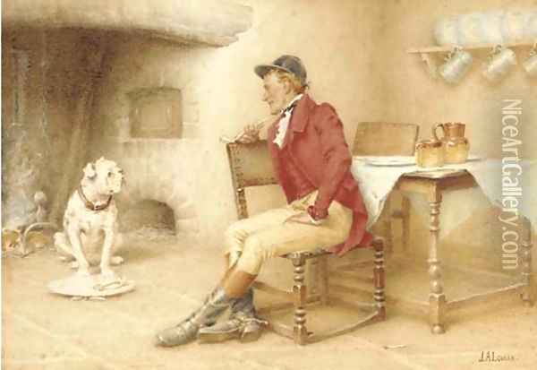 A huntsmen feeding his dog Oil Painting - John Arthur Lomax