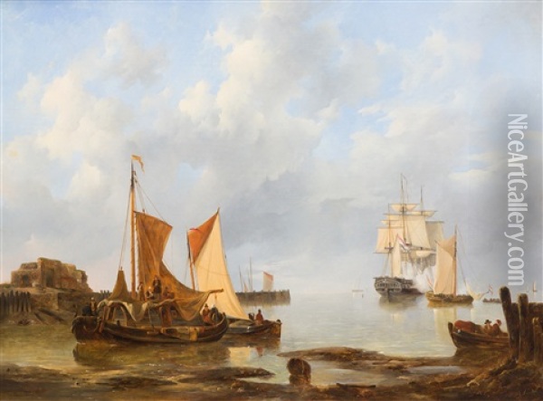 Shipping In An Estuary With Three-master 'euridice' Saluting In The Distance Oil Painting - Johannes Christiaan Schotel