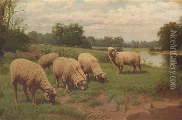 Sheep Grazing Near A Stream Oil Painting - Samuel S. Carr