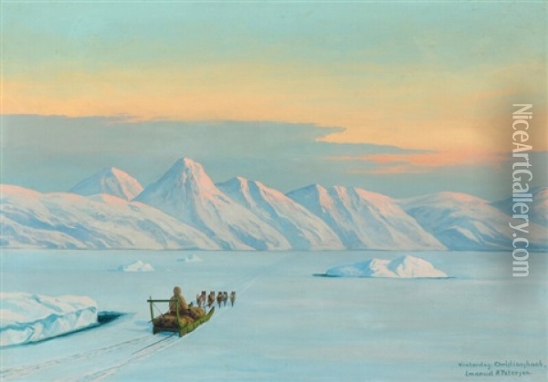 Scenery From Greenland With A Dog Sledge Oil Painting - Emanuel A. Petersen
