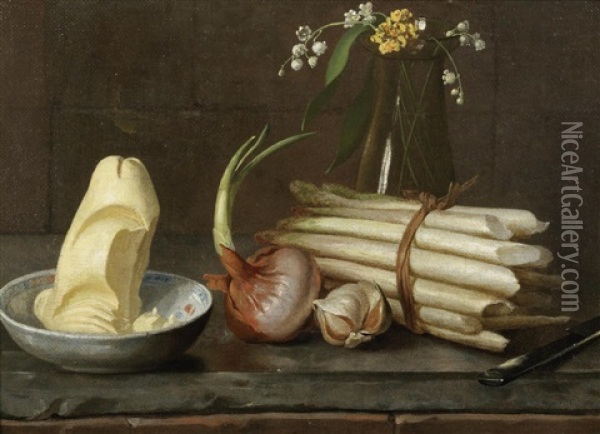 Asparagus, An Onion, Garlic, Butter In A Bowl And Flowers In A Glass Vase, On A Marble Ledge Oil Painting - Nicolas Henry Jeaurat De Bertry