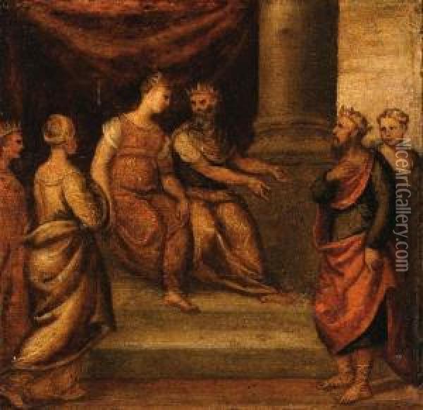 Mythological Scenes: A King 
Being Presented To A Queen; And An Oldwoman Holding A Spindle With A 
Young Woman Beside A Cave Oil Painting - Bonifacio Veronese (Pitati)