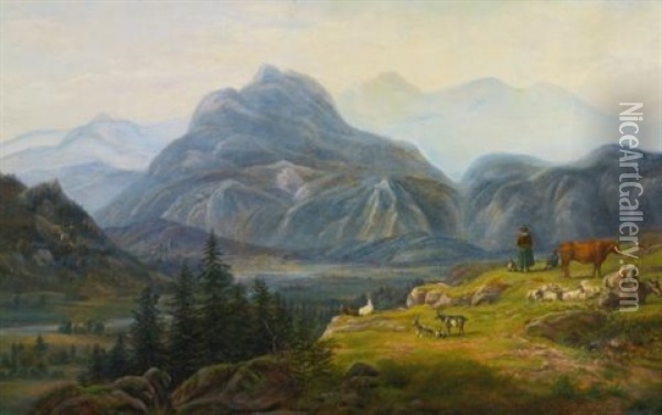 View From Giesbach At The Lake Of Brinzer With Interlaken And The Jura Mountains (parti Fra Giesbach Ved Brinzersoen, Udsigt Mod Interlaken Og Jura Bjergene) Oil Painting - Jens Peter (I.P.) Moeller