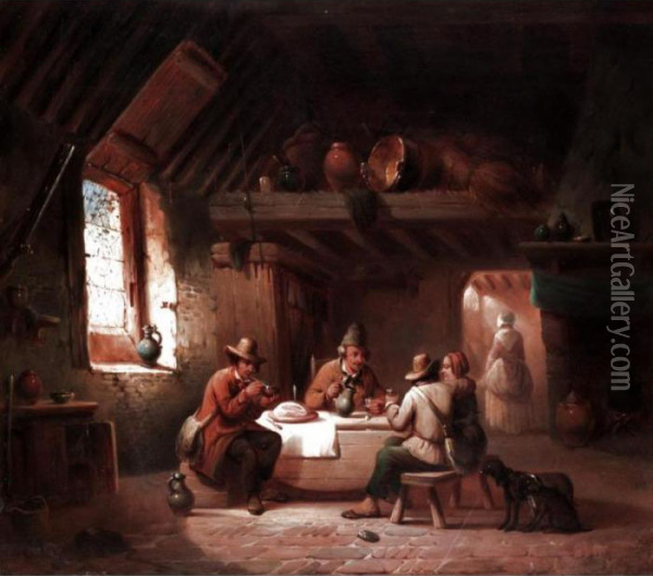 Peasants Drinking In An Interior Oil Painting - Camille Vennemann