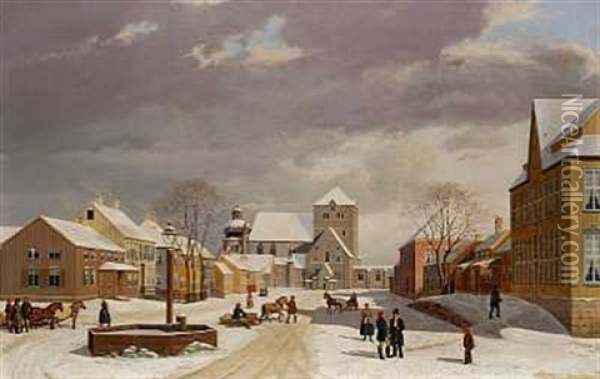 Vinterdag I En By (fra Sverige?) Oil Painting - Christian Martin Tegner