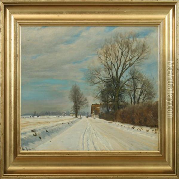 Wintry Landscape With Figures Oil Painting - Christian Zacho