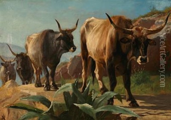 A Herd Of Oxen Wandering Off On A Mountain Trail In Olevano, Italy Oil Painting - Adolf Heinrich Mackeprang