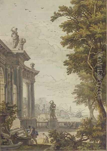 A classical gateway with a man and his dog at a fountain, a port and mountains beyond Oil Painting - Isaac de Moucheron