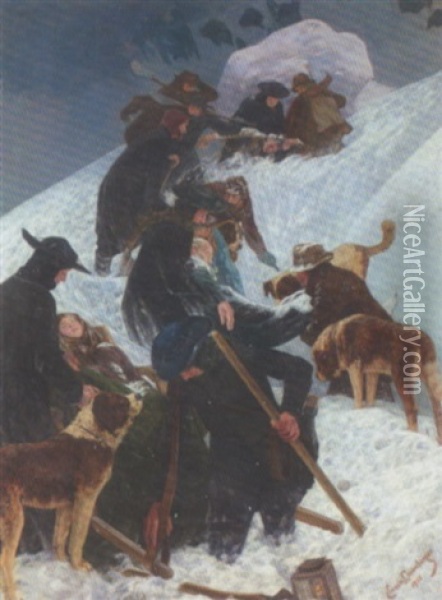 Das Lawineungluck Am Grossen Sankt Bernhard Oil Painting - Ernst Otto Leuenberger