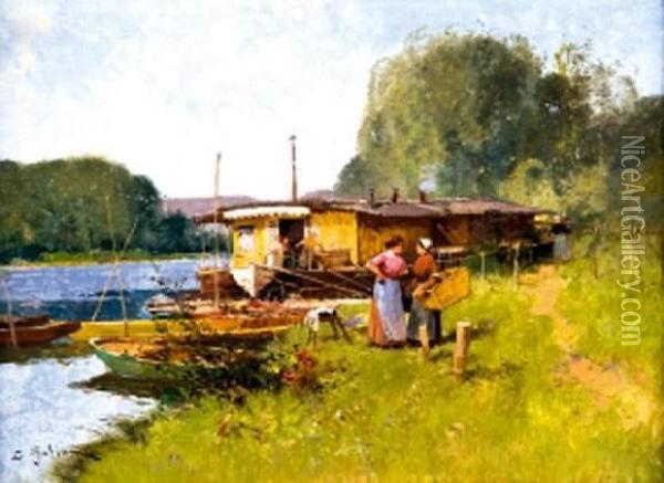 Lavandieres Devant Un Bateau-lavoir Oil Painting - Eugene Galien-Laloue