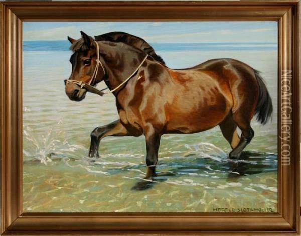 A Pony Trots In The Water. Signed Harald Slott-moller Oil Painting - Harald Slott-Moller