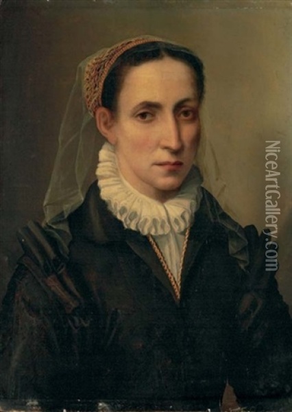 Portrait Of Contessina Mattei, In A Black Dress With A White Chemisette, A White Veil And Gold Net Over Her Hair Oil Painting - Mirabello Cavalori