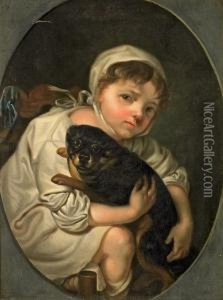 A Little Boy With Two Dogs And A Little Girl With A Small Dog Oil Painting - Hans Hansen