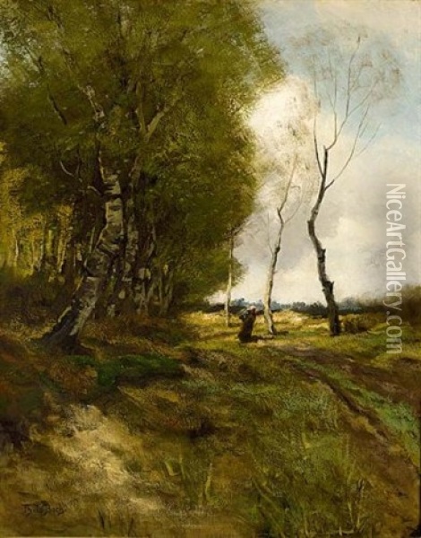 A Peasant Woman On A Path In A Wooded Landscape Oil Painting - Theophile De Bock