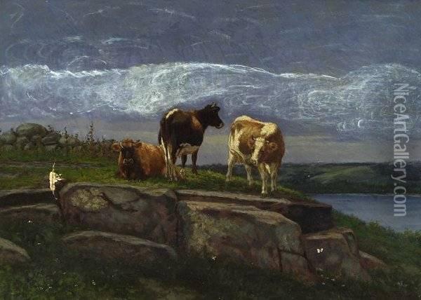 Three Cows Grazing On A Rocky Hillside Near A Lake Oil Painting - Silas Dustin