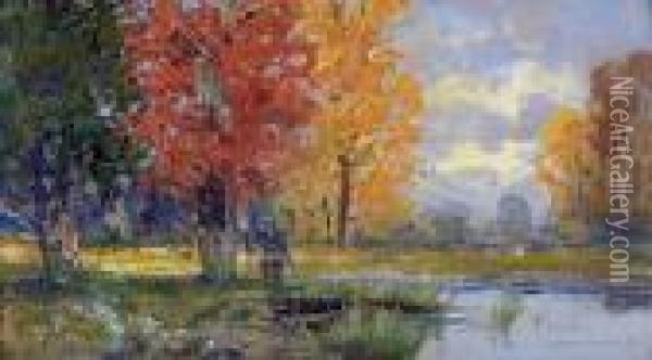 Munchner Kunstgewerbeschule) Herbstliche Teichlandschaft Oil Painting - Georg Fischof