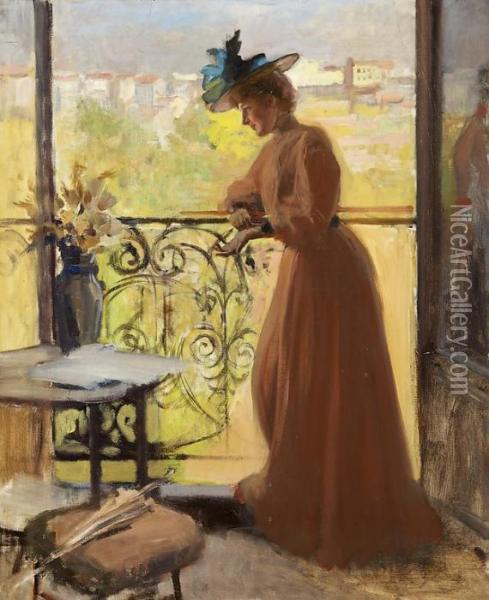 Nainen Parvekkeella Oil Painting - Albert Edelfelt