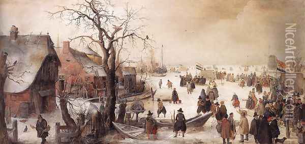 Winter Scene On A Canal Oil Painting - Hendrick Avercamp