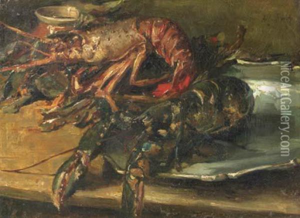 Lobsters On A Silver Plate Oil Painting - Albert Roelofs