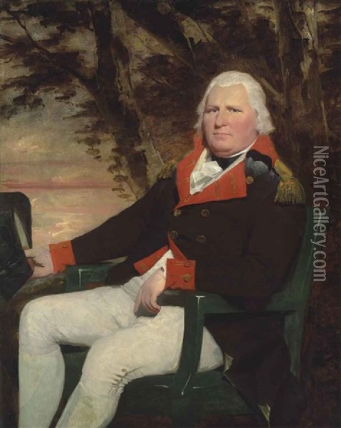 Portrait Of A Gentleman, Traditionally Identified As Governor Henry Hamilton (c. 1734-1796), Three-quarter-length, Seated In Uniform, Holding A Tricorn... Oil Painting - Sir Henry Raeburn