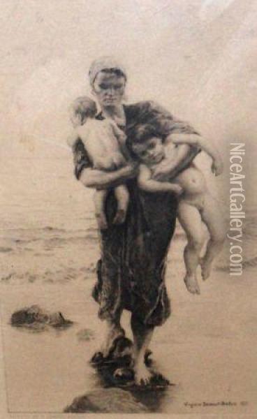 Mother And Children On A Beach Oil Painting - Virginie Demont-Breton