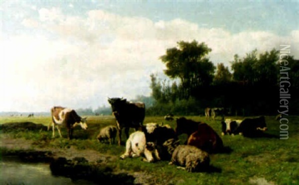 Cows And Sheep Resting By Water Oil Painting - Hendrik Savry