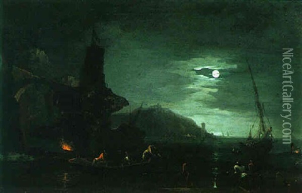 Moonlit Seascape With Figures Fishing From The Shore Oil Painting - Francesco Fidanza