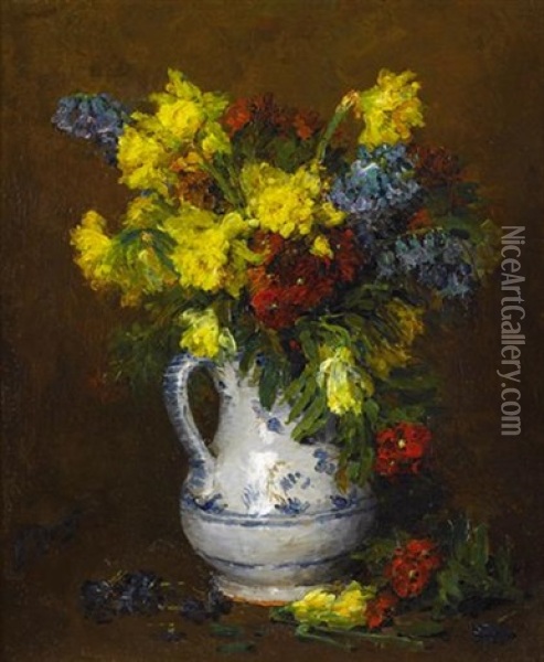 A Blue And White Vase With Mixed Flowers Oil Painting - Ernest Quost