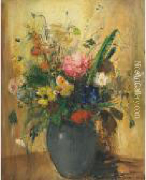 Summer Bouquet In A Blue Vase Oil Painting - Bela Ivanyi Grunwald
