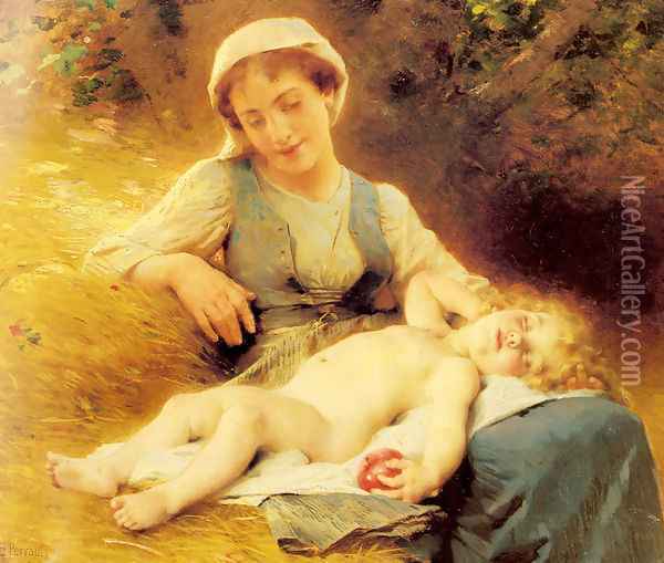 A Mother With Her Sleeping Child Oil Painting - Leon-Jean-Basile Perrault