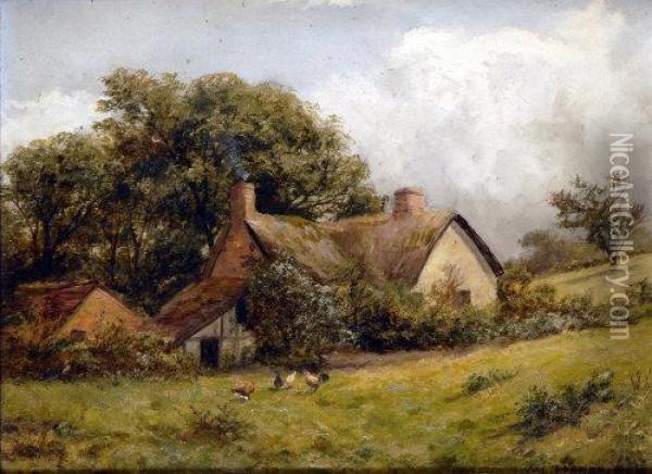 Thatched Cottage With Chickens, To The Foreground Oil Painting - William Lakin Turner