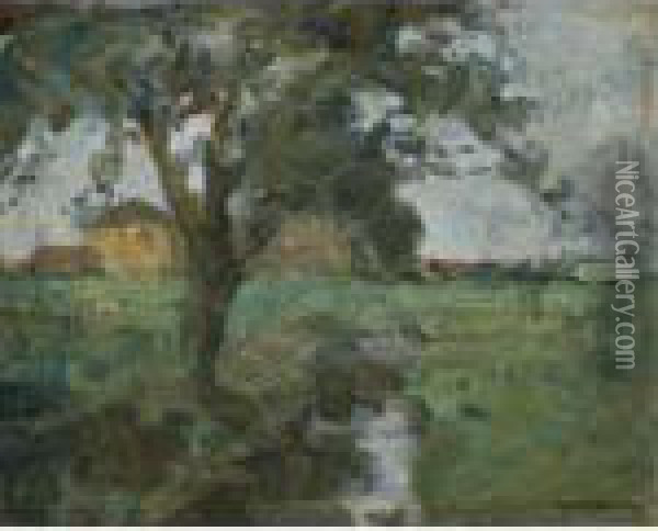 Farm Setting With Foreground Tree And Irrigation Ditch Oil Painting - Piet Mondrian