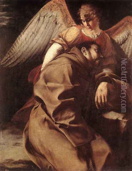 St Francis Supported by an Angel c. 1603 Oil Painting - Orazio Gentileschi