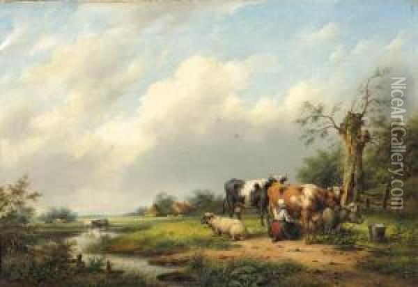 Milking Time Oil Painting - Hendrikus van den Sande Bakhuyzen