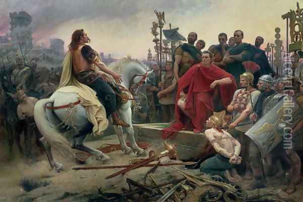 Vercingetorix throws down his arms at the feet of Julius Caesar, 1899 Oil Painting - Lionel Noel Royer