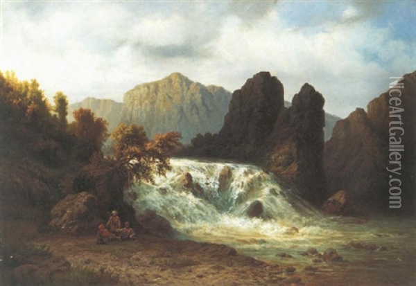 Wildbach Im Kaukasus Mit Rastenden Jagern Oil Painting - Waldemar Knoll