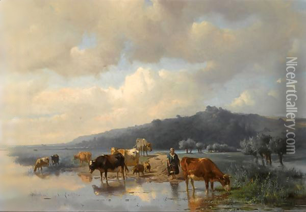 A Cowherdess With Watering Cows Oil Painting - Anton Mauve