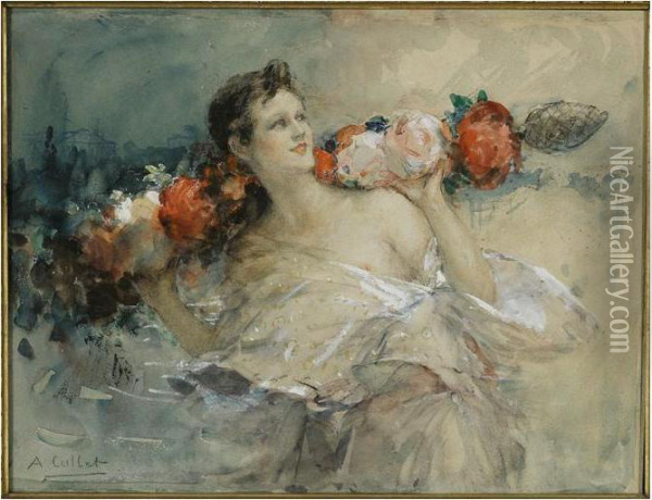 Portrait De Jeune Fille Aux Roses Oil Painting - Alphonse Callet
