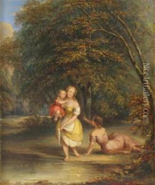 Landscape With Women And A Girl Bathing Oil Painting - William Frederick Witherington