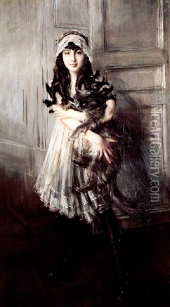 Portrait Of Josefine Errazuriz Holding A Cat Oil Painting - Giovanni Boldini